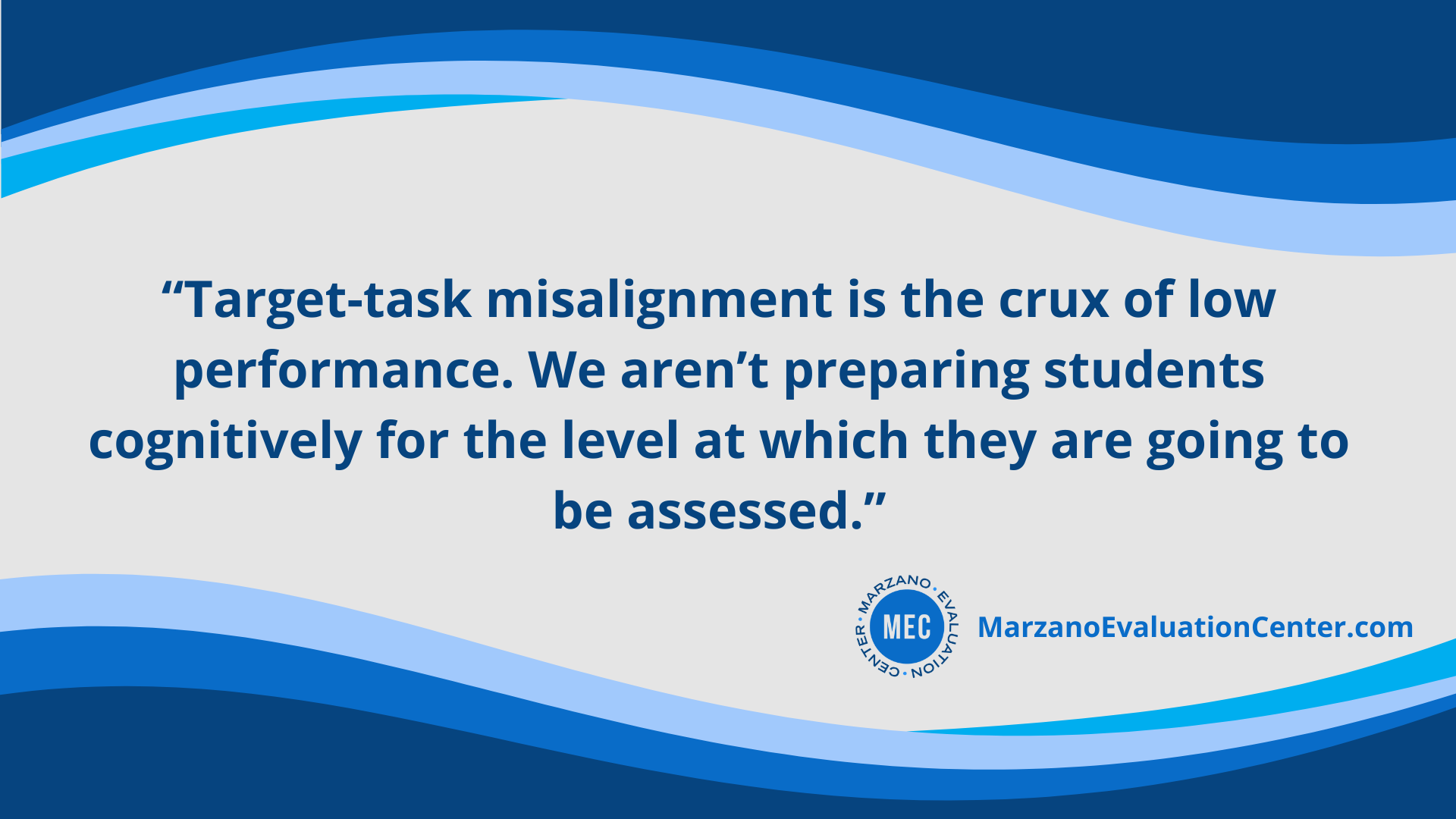 Quote image from the Marzano Evaluation Center with the words: “Target-task misalignment is the crux of low performance. We aren’t preparing students cognitively for the level at which they are going to be assessed.”